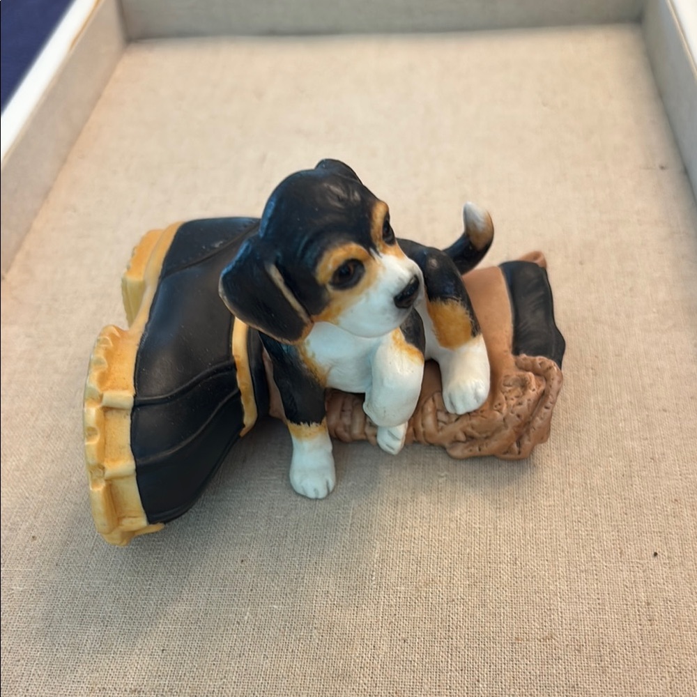 Beagle on Fireman Boot Figurine Dog Playful Puppy 1990 Princeton Gallery Vintage